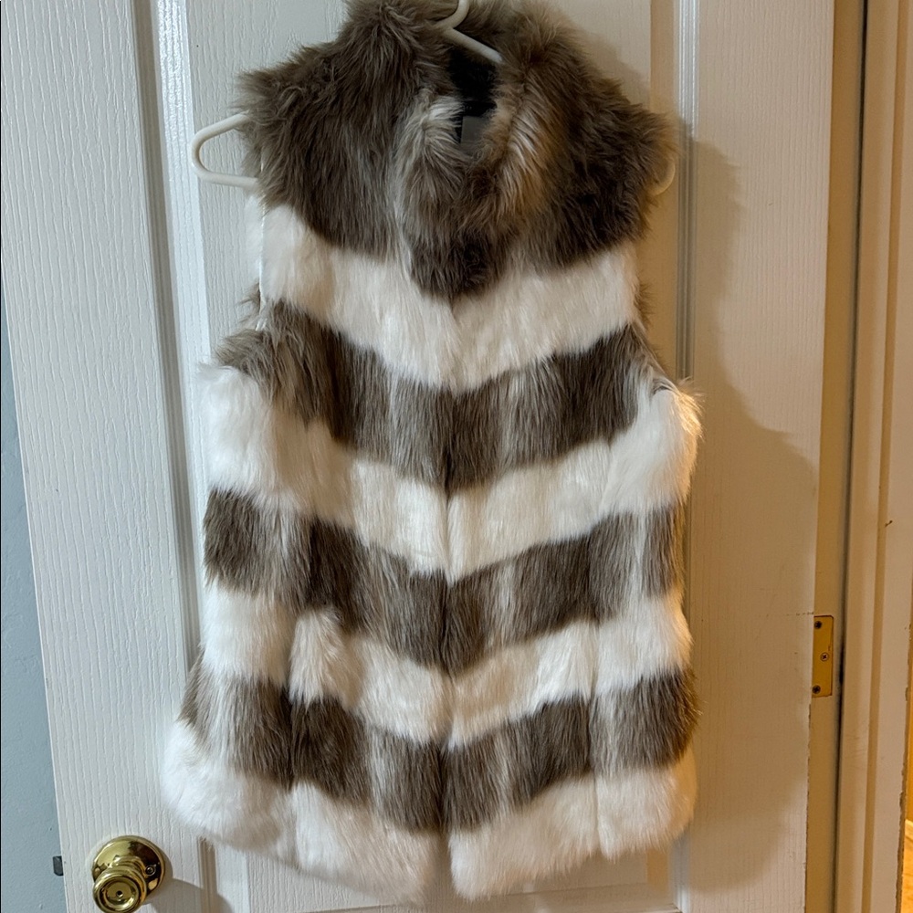 White House Black Marrket Faux Fur Striped Vest in Brown and White Size S